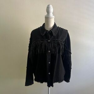 Zara Western Black Denim Jacket with Fringe and Stud Accents Brand New